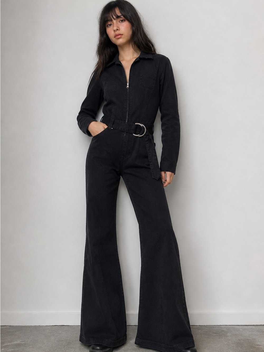 Revolt Jeans Black Zip-Front Flared Jumpsuit with D-Ring Belt